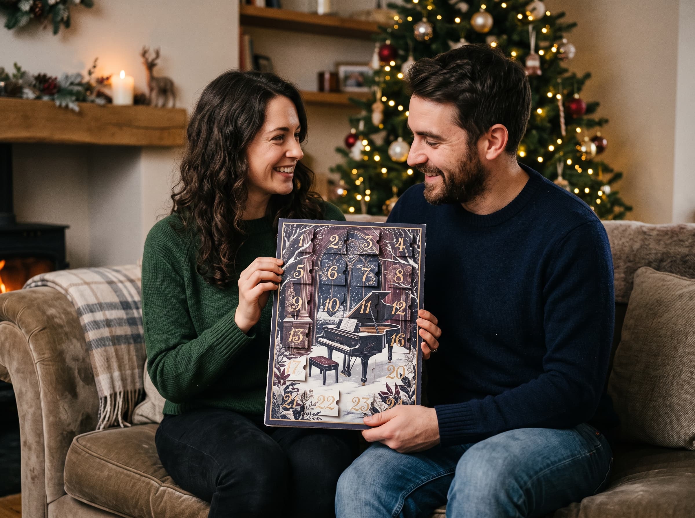 A couple sharing a personalised Moonlit Doors calendar gift