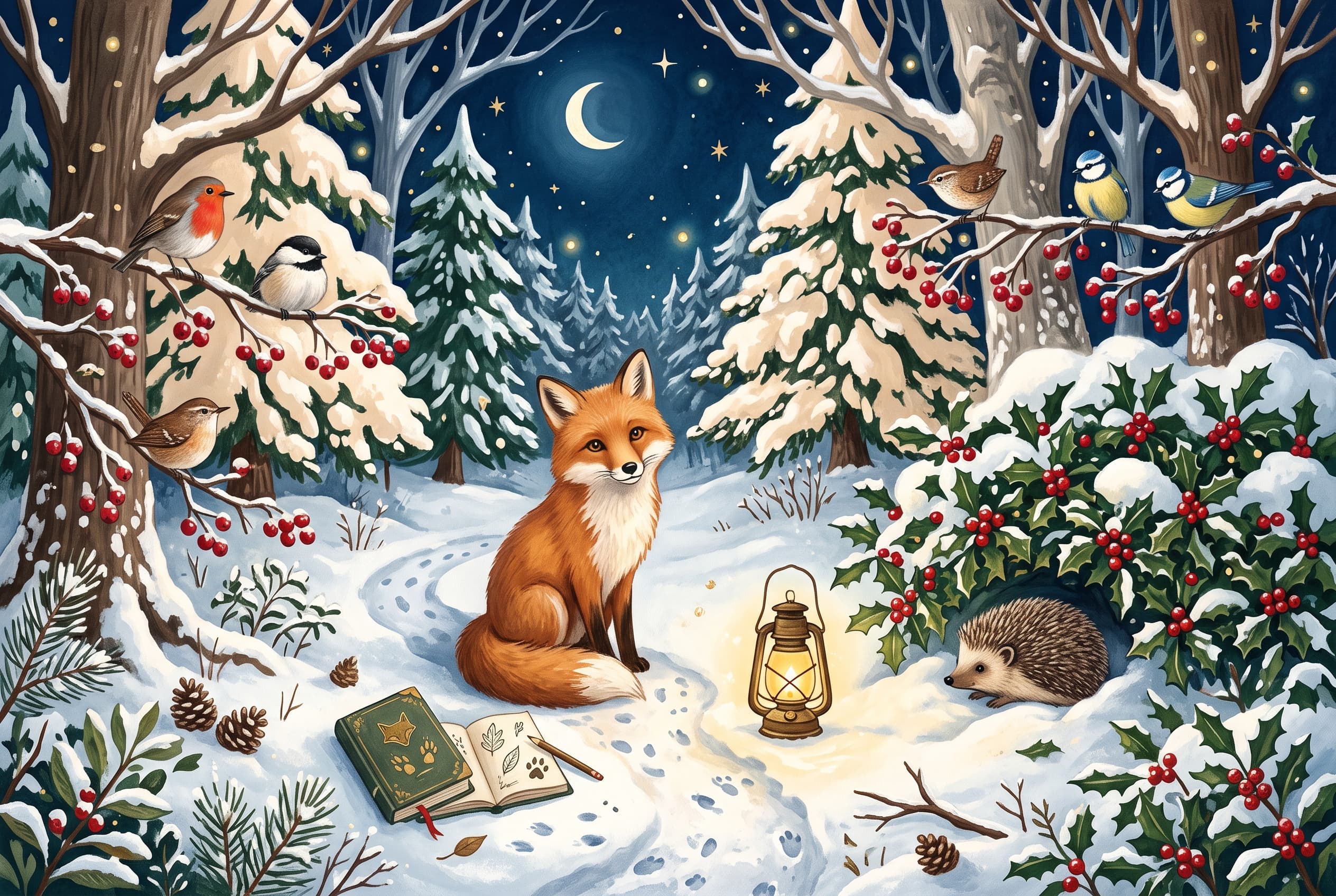 A snowy woodland with British wildlife, a fox, a hedgehog and a lantern-lit path