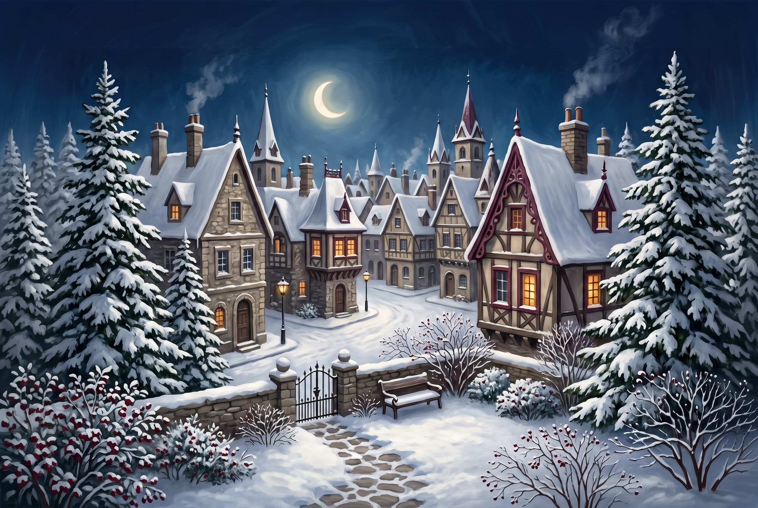 A storybook European town with snow-covered rooftops and warm windows