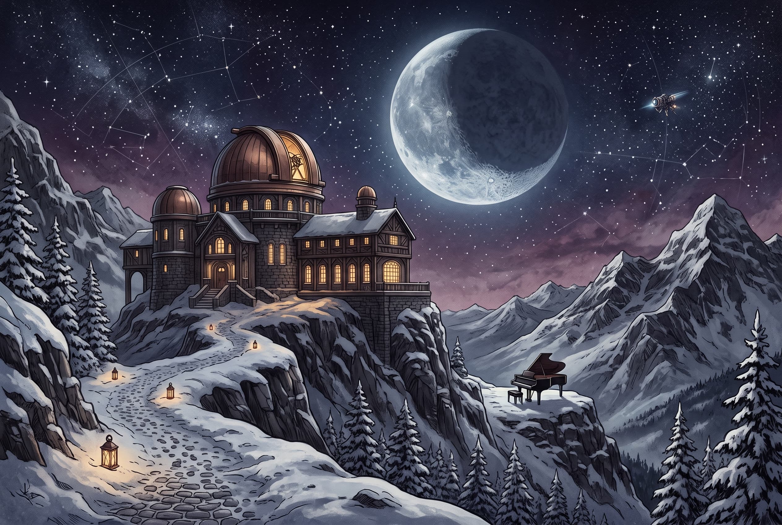 A moonlit mountain observatory surrounded by snowy peaks and stars