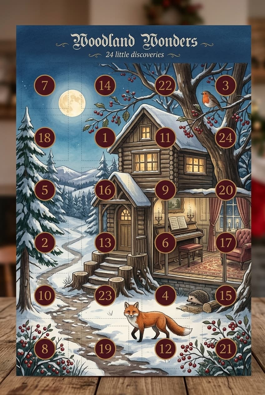 Illustrative Woodland Wonders portrait advent calendar concept for children